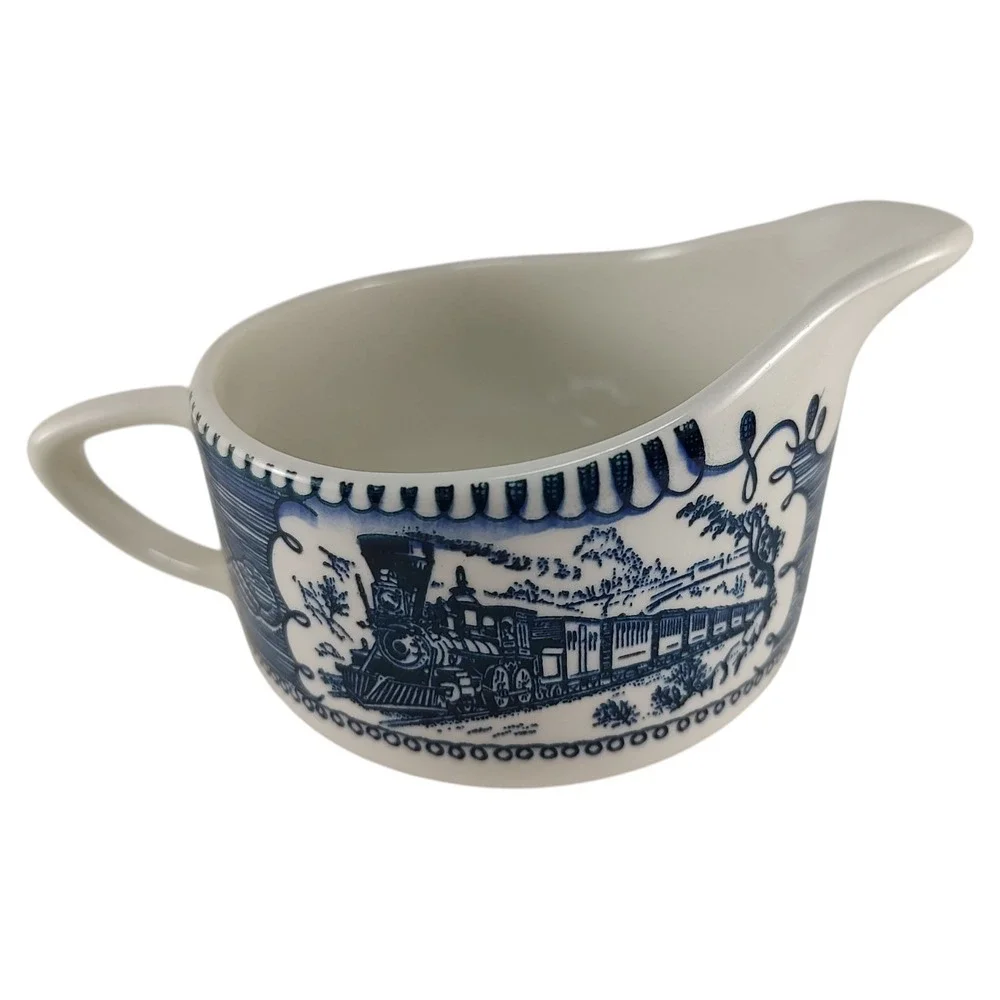 Vintage Currier and Ives Creamer Locomotive Blue White Mid Century Modern‎ SEE